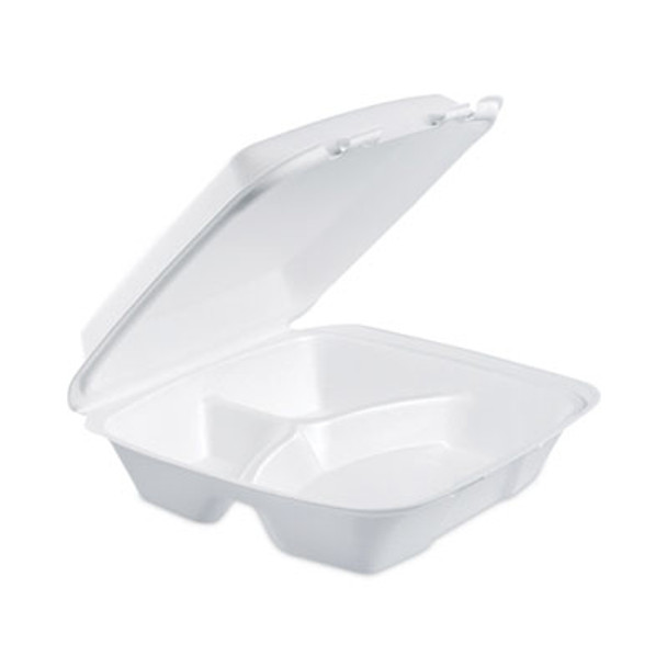 Insulated Foam Hinged Lid Containers, 3 Compartments, 9 x 9.4 x 3, White, 100/Sleeve, 2 Sleeves/Carton