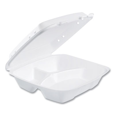 Insulated Foam Hinged Lid Containers, 3 Compartments, 9.01 x 9.4 x 3.1, White, 200/Carton