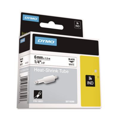 Rhino Heat Shrink Tubes Industrial Label Tape, 0.25" X 5 Ft, White/Black Print