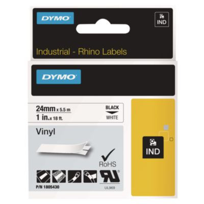 Rhino Permanent Vinyl Industrial Label Tape, 1" X 18 Ft, White/Black Print