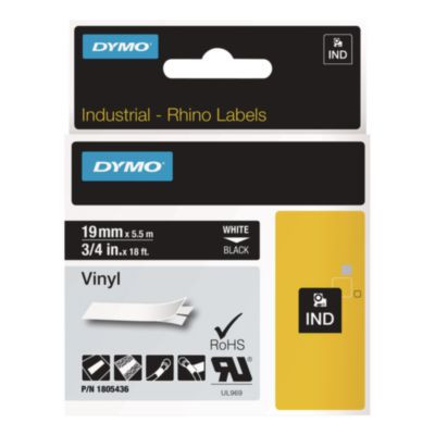 Rhino Permanent Vinyl Industrial Label Tape, 0.75" X 18 Ft, Black/White Print