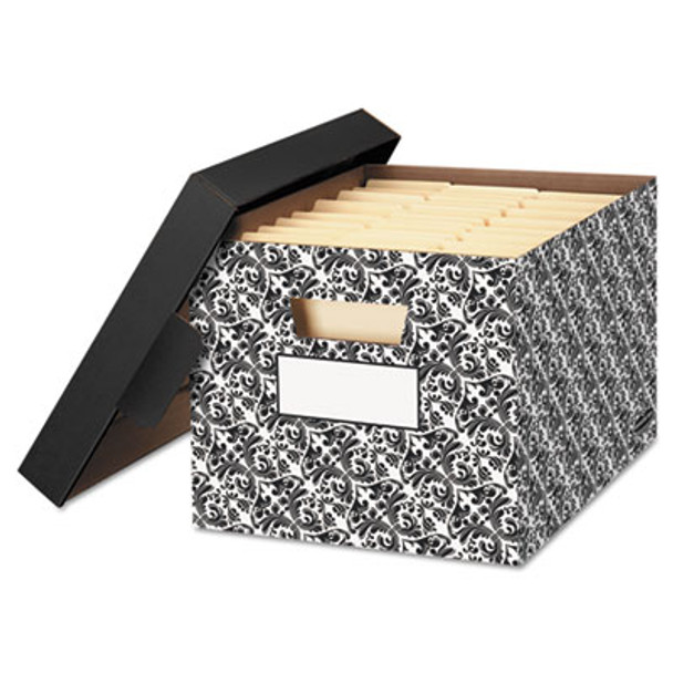 Stor/File Decorative Medium-Duty Storage Box, Letter/Legal Files, 12.5" X 16.25" X 10.5", Black/White Brocade Design, 4/Ct