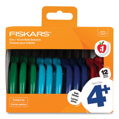 Kids Scissors Classpack, Pointed Tip, 5" Long, 1.75" Cut-Length, Straight Assorted Color Handles, 12/Pack