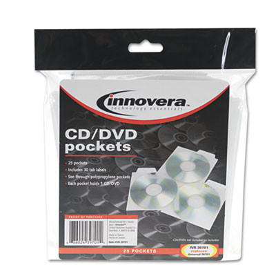 Cd/Dvd Pockets, 1 Disc Capacity, Clear, 25/Pack