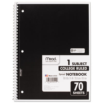 Spiral Notebook, One-Subject, Medium/College Rule, Randomly Assorted Cover Color, (70) 10.5 x 7.5 Sheets