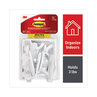 Medium Utility Hooks, Plastic, White, Supports 3 Lb, 20/Pack