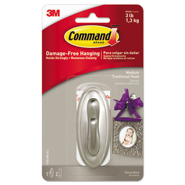 Decorative Hooks, Traditional, Medium, Plastic, Brushed Nickel, 3 Lb Capacity, 1 Hook And 2 Strips/Pack