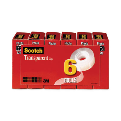 Transparent Tape, 1" Core, 0.75" X 36 Yds, Transparent, 6/Pack