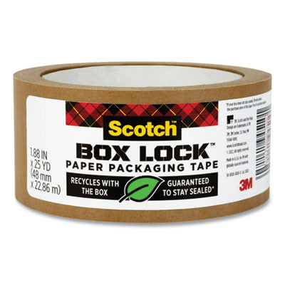 Box Lock Paper Packaging Tape, 3" Core, 1.88" x 25 Yds, Brown