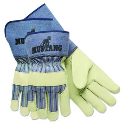 Grain-Leather-Palm Gloves, Gunn Cut, Wing Thumb, Medium, Blue Striped/White, 12 Pairs