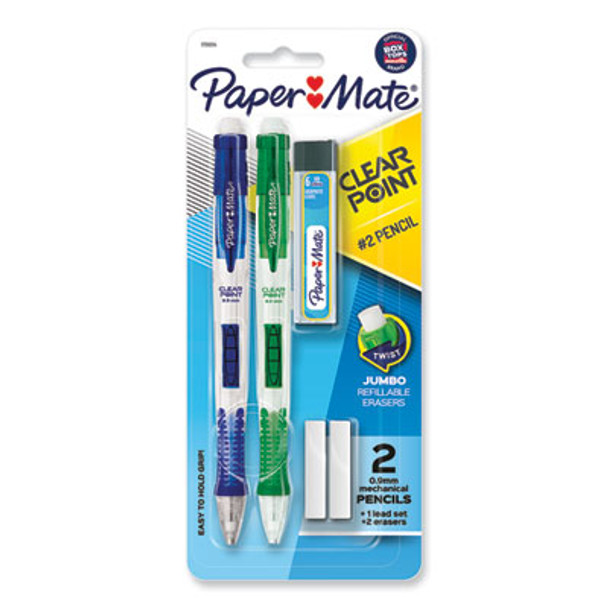 Clear Point Mechanical Pencils With Tube Of Lead/Erasers, 0.9 Mm, Hb (#2), Black Lead, Assorted Barrel Colors, 2/Pack