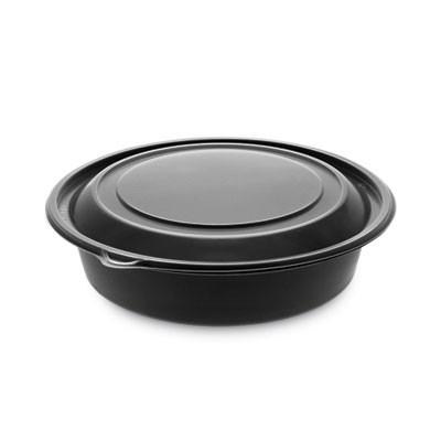 Earthchoice Mealmaster Container With Lid, 32 Oz, 8" Diameter x 2.12" h, Black/Clear, Plastic, 250/Carton