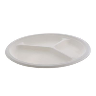 Earthchoice Pfas Free Compostable Dinnerware, 3-Compartment Plate, Sugarcane, 10.25" Dia, Natural, 500/Carton