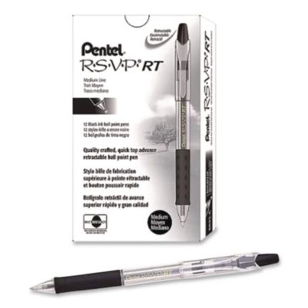 R.S.V.P. Super Rt Ballpoint Pen, Retractable, Medium 0.7 Mm, Black Ink, Clear/Black Barrel, Dozen