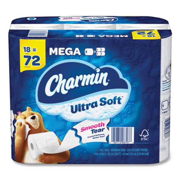 Ultra Soft Bathroom Tissue, Mega Roll, Septic Safe, 2-Ply, White, 224 Sheets/Roll, 18 Rolls/Carton