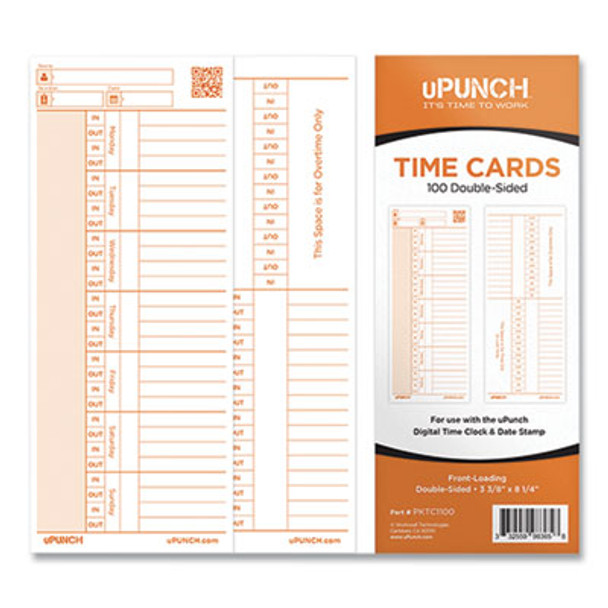 Time Clock Cards For Pk1100 Time Clock, Two Sides, 3.38 x 8.25, 100/Pack