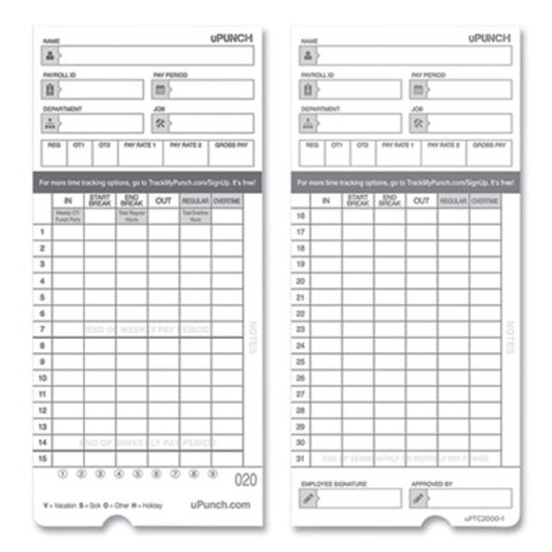 Time Clock Cards For Upunch Hn4000, Two Sides, 7.37 X 3.37, 50/Pack