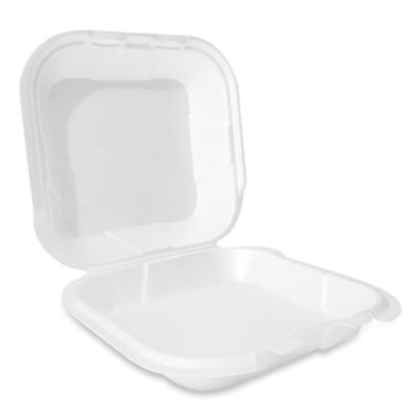 Foam Hinged Lid Container, Secure Two Tab Latch, Poly Bag, 9 X 9 X 3, White, 100/Bag, 2 Bags/Carton