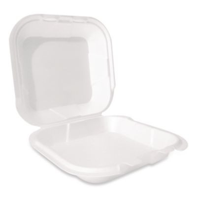 Foam Hinged Lid Container, Secure Two Tab Latch, Poly Bag, 9 X 9 X 3, White, 100/Bag, 2 Bags/Carton