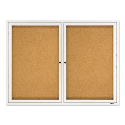 Enclosed Indoor Cork Bulletin Board With Two Hinged Doors, 48" x 36", Tan Surface, Satin Aluminum Frame
