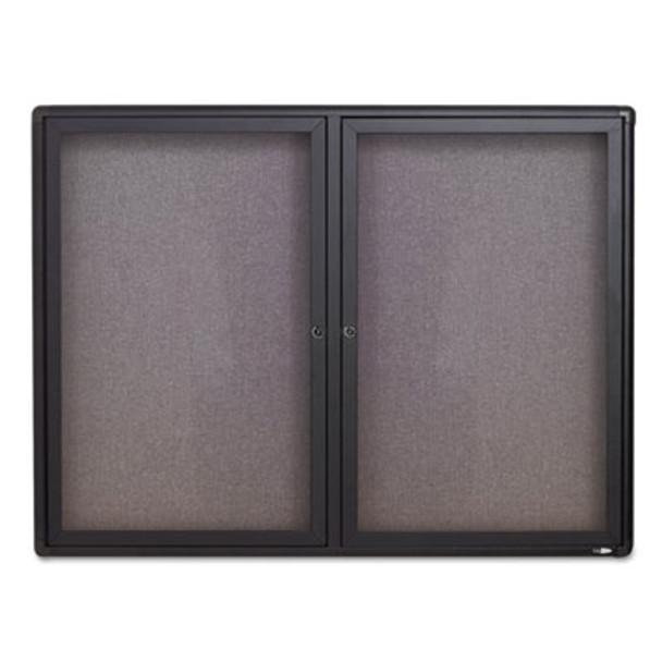 Enclosed Indoor Fabric Bulletin Board With Two Hinged Doors, 48" x 36", Gray Surface, Graphite Gray Aluminum Frame