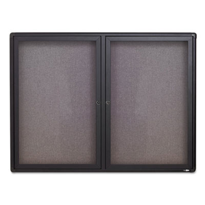 Enclosed Indoor Fabric Bulletin Board With Two Hinged Doors, 48" x 36", Gray Surface, Graphite Gray Aluminum Frame