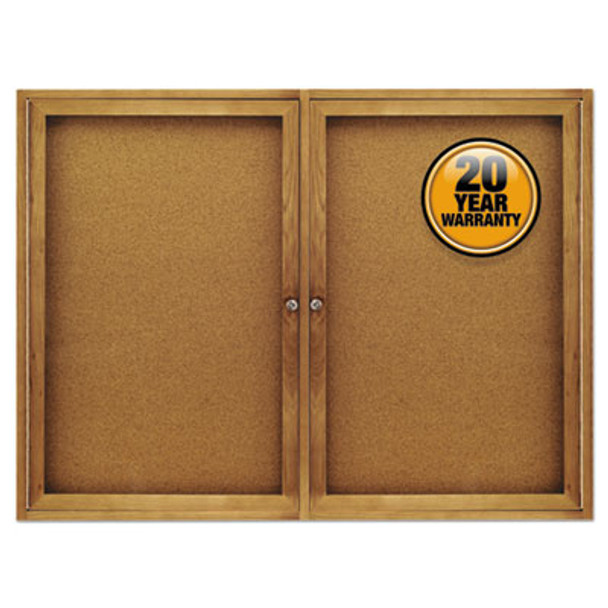 Enclosed Indoor Cork Bulletin Board With Two Hinged Doors, 48" x 36", Tan Surface, Oak Finished Fiberboard (Mdf) Frame