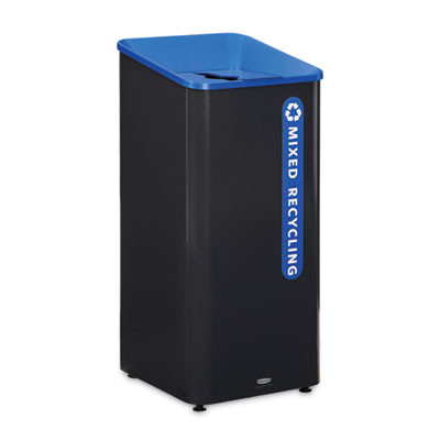 Sustain Decorative Refuse With Recycling Lid, 23 Gal, Metal/Plastic, Black/Blue