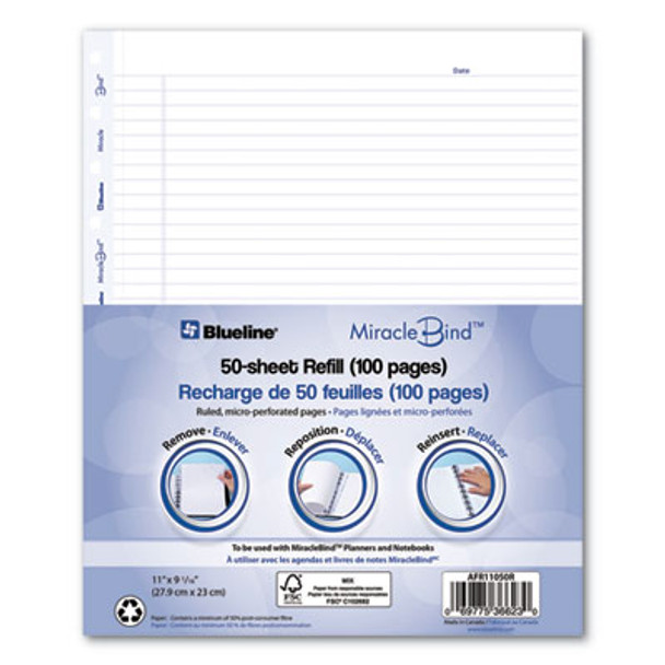 Ruled Paper Refill Sheets For All Miraclebind Notebooks And Planners, 11 x 9.06, White/Blue Sheets, Undated, 50/Pack