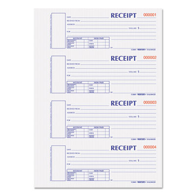 Durable Hardcover Numbered Money Receipt Book, Two-Part Carbonless, 6.88 x 2.75, 4 Forms/Sheet, 300 Forms Total