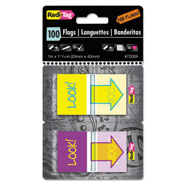 Pop-Up Fab Page Flags W/Dispenser, "Look!", Purple/Yellow; Yellow/Teal, 100/Pack