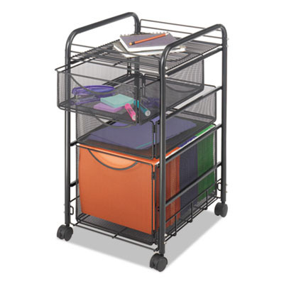 Onyx Mesh Mobile File With Two Supply Drawers, Metal, 1 Shelf, 3 Drawers, 15.75" x 17" x 27", Black