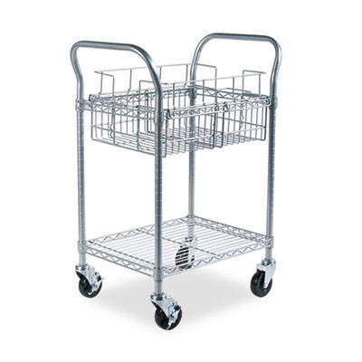 Dual-Purpose Wire Mail And Filing Cart, Metal, 1 Shelf, 1 Bin, 26.75" x 18.75" x 38.5", Metallic Gray