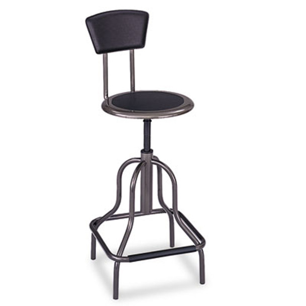 Diesel Industrial Stool With Back, Supports Up To 250 Lb, 22" To 27" Seat Height, Black Seat/Back, Pewter Base