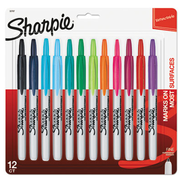 Retractable Permanent Marker, Fine Bullet Tip, Assorted Colors, 12/Set