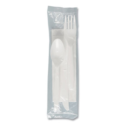 Regal Mediumweight Cutlery Kit, Individually Wrapped, Fork/Knife/Napkin/Spoon, Plastic, White, 250/Carton
