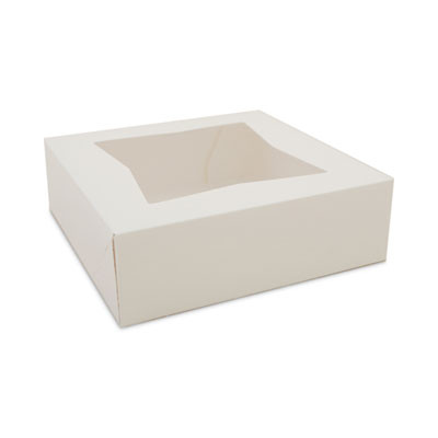 White Window Bakery Boxes With Attached Flip Top, 4-Corner Beers Design, 8 x 8 x 2.5, White, Paper, 200/Carton