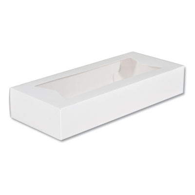 White Window Bakery Boxes With Attached Flip Top, 4-Corner Beers Design, 12.5 x 5.5 x 2.25, White, Paper, 200/Carton