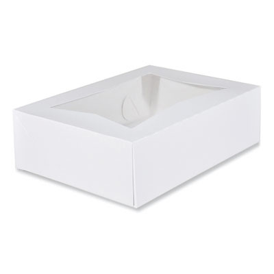 White Window Bakery Boxes With Attached Flip Top, 4-Corner Beers Design, 14 x 10 x 4, White, Paper, 100/Carton