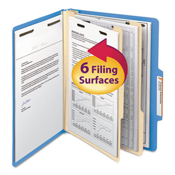 Top Tab Classification Folders, Six Safeshield Fasteners, 2" Expansion, 2 Dividers, Letter Size, Blue Exterior, 10/Box