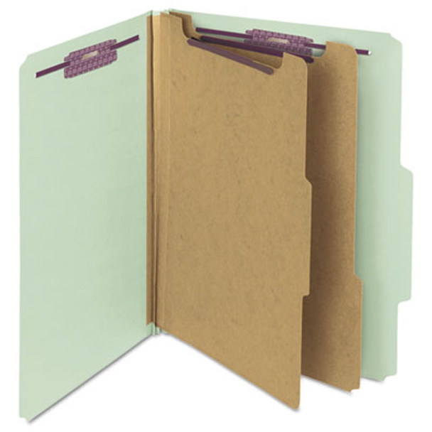 Pressboard Classification Folders, 2/5 Tab, Expands 2", 2 Dividers, 6 Safeshield Fasteners, Letter Size, Gray-Green, 10/Box