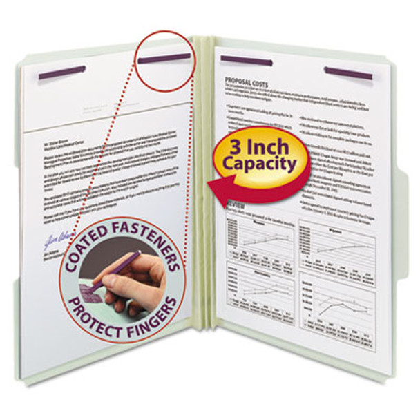 Recycled Pressboard Fastener Folders, 1/3-Cut Tabs, Two Safeshield Fasteners, 3" Expansion, Letter Size, Gray-Green, 25/Box