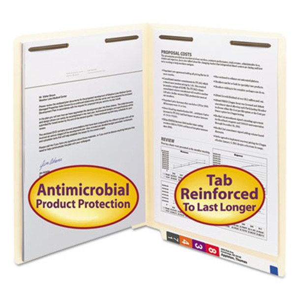 Reinforced End Tab Fastener Folders With Antimicrobial Protection, Expands 0.75", 2 Fasteners, Letter Size, Manila, 50/Box