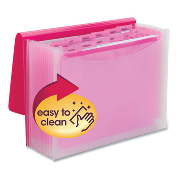 Poly Expanding Folders, 12 Sections, Cord/Hook Closure, 1/6-Cut Tabs, Letter Size, Pink/Clear