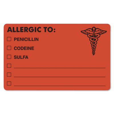 Allergy Warning Labels, Allergic To: Penicilln, Codeine, Sulfa, 2.5 X 4, Fluorescent Red, 100/Roll