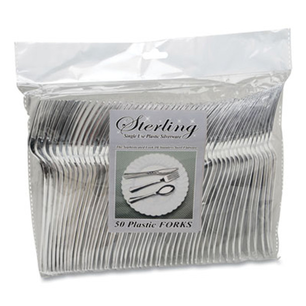 Sterling Heavyweight Plastic Cutlery, Fork, Silver, 50/Pack