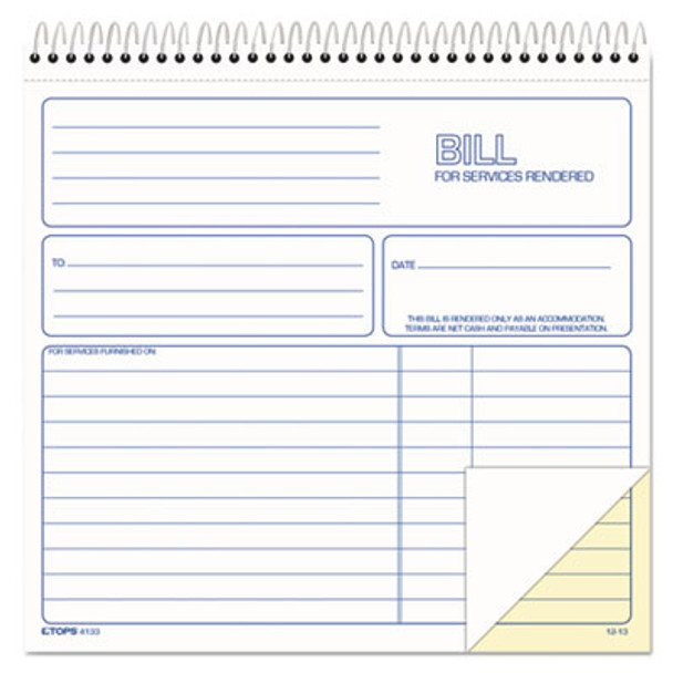Bill For Services Rendered Book, Two-Part Carbonless, 8.5 x 7.75, 50 Forms Total