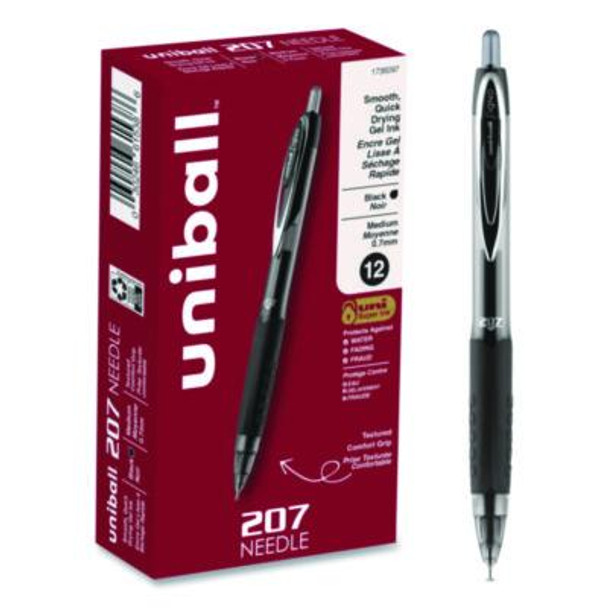 Signo 207 Needle Point Gel Pen, Retractable, Medium 0.7 Mm, Black Ink, Clear/Black Barrel, Dozen