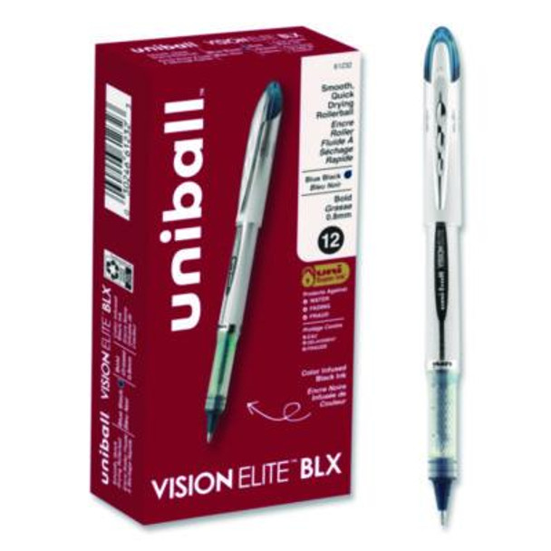 Vision Elite Blx Series Rollerball Pen, Stick, Bold 0.8 Mm, Blue-Infused Black Ink, White/Blue/Clear Barrel