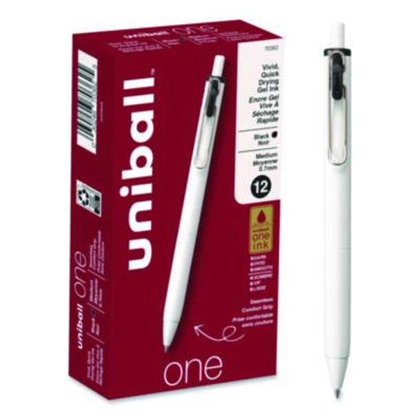 Unione Gel Pen, Retractable, Medium 0.7 Mm, Black Ink, White/Black Barrel, Dozen